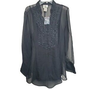 ICE Black Silk Chiffon Sequined Studded Sheer Tunic w/Camisole Size XL NWOT VTG